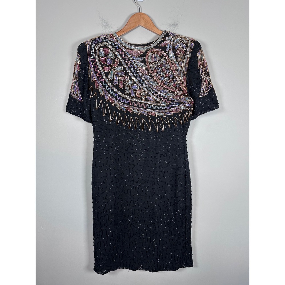 VTG Laurence Kazar Beaded Silk Dress Women M Black New Years Whimsigoth Glam